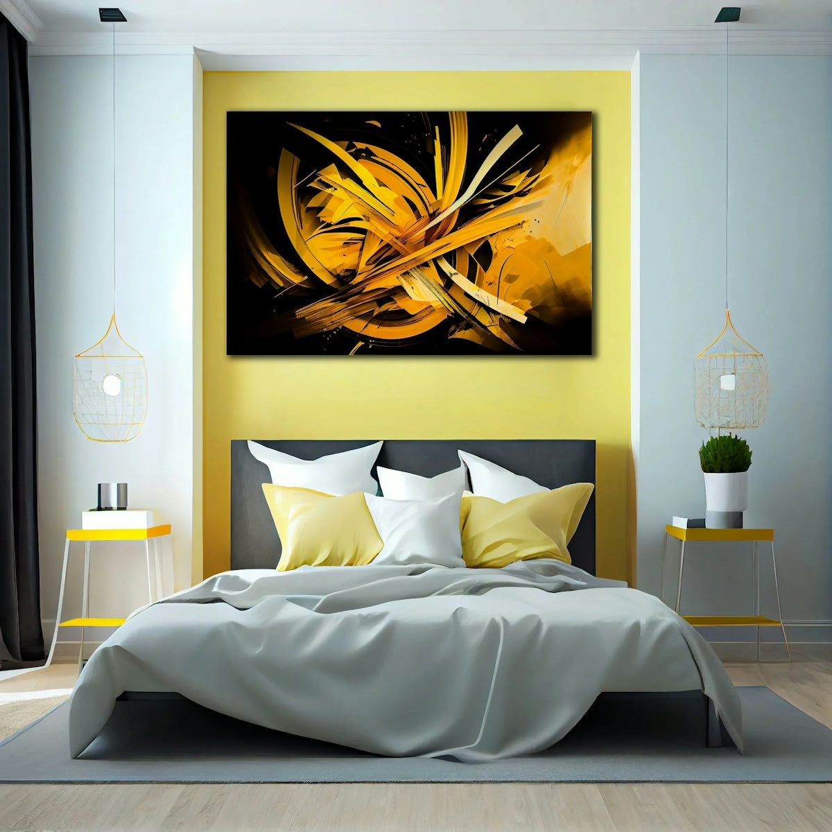 a bedroom with a bed and a painting on the wall